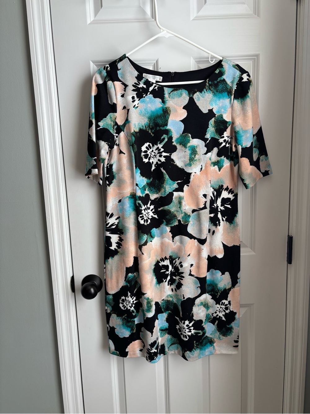 London Times Floral Shift Dress in Black, Peach & Teal